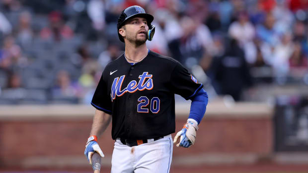 Sep 30, 2023; New York City, New York, USA; New York Mets first baseman Pete Alonso (20) reacts after popping out to end the seventh inning at Citi Field. Mandatory Credit: Brad Penner-USA TODAY Sports